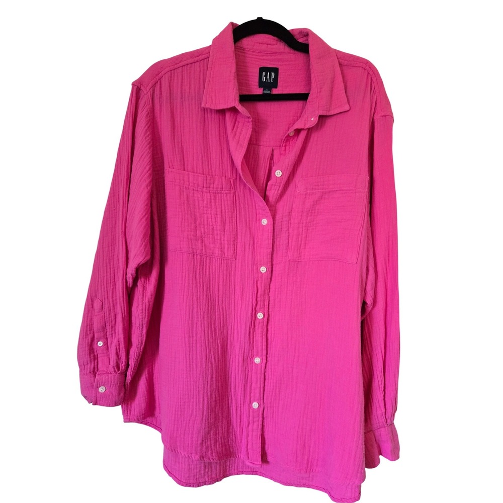 Gap Womens Hot Pink Cotton Double Gauze Button Down Top Large Oversized Crinkle - Picture 2 of 9